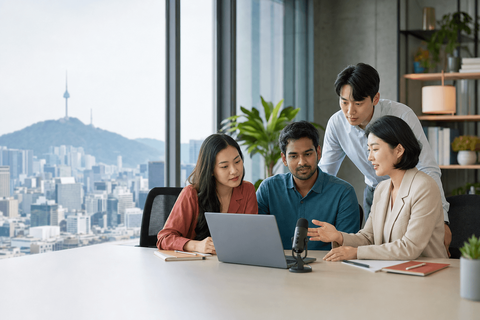 International professionals discussing a career opportunity in Seoul